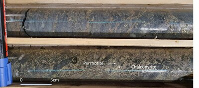 Figure 4. Semi-massive chalcopyrite and pyrrhotite in drill hole KJ-004, Guldalsgruva sector. Upper core interval (8.25-9.5m) returned 1.3% Cu, lower core interval (9.5-9.9m) returned 5.3% Cu. (CNW Group/[nxtlink id=