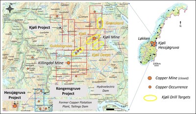 Figure 1. Locations of the high-grade Cu-Zn-Co Hessjøgruva, Kongensgruve, and Kjøli Projects, Trøndelag Province, central Norway. (CNW Group/[nxtlink id=