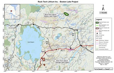 Map shows  Rock Tech’s Georgia Lake Project and the Boston Lake Claims in the Thunder Bay Mining District of Ontario.

Rock Tech Options Additional Property in Thunder Bay Mining District and Appoints Strategic Advisor for Georgia Lake Project (CNW Group/[nxtlink id=