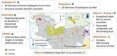 Figure 1. Locations of the five granted exploration permits (Saattopora W, Keisunselka, Jolhikko, Katajavaara, and Killero E) within the Northern Finland Gold-Copper Project. (CNW Group/[nxtlink id=