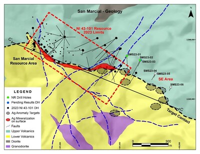 Figure 1:  San Marcial SE Area Step Out Drilling Program - Location of 2023 Drill Holes (CNW Group/[nxtlink id=