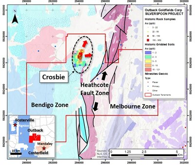 Figure 1. Map of the Silver Spoon Exploration Licence showing the location of the Crosbie gold anomaly. Historic sample data from Motton (2002). (CNW Group/[nxtlink id=