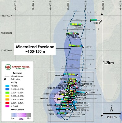 Figure 1 – Plan View of Texmont –Drill results Overlain on TMI (Black rectangle is southern area) (CNW Group/[nxtlink id=