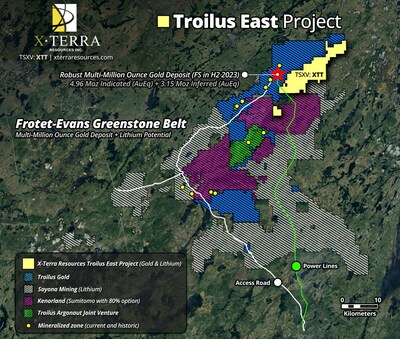 Troilus East Project & Surrounding Area – Frotet-Evans Greenstone Belt.   *Map claim information generated from: https://gestim.mines.gouv.qc.ca/. [nxtlink id=