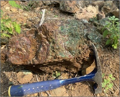 Figure 4. Photo of iron- and copper-rich gossan in Trench 8. The trench traversed Cu-bearing gossan (with minor relict copper sulfides) dominantly composed of quartz and oxides hosted in silicified and chloritized volcanic breccia. (CNW Group/Vortex Metals)