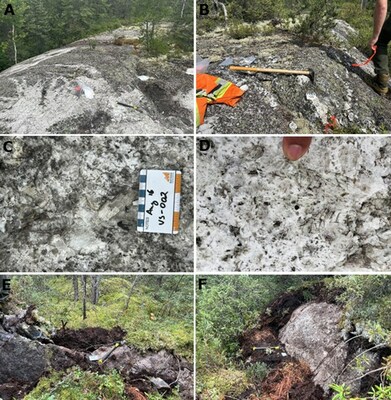 Figure 4 – Outcrop photos taken during the 2023 field exploration program at Case Lake. Figure 4A to 4C show photos taken from spodumene bearing new pegmatite in Dome Nine. Figure 4D show spodumene in the western part of the East Dike. Figures 4E was taken from new pegmatitic tonalite hosted in mafic metavolcanics in the southern part of the property. Figure 4F was taken from a new pegmatite that occurs about 500 meters north of the Northeast Dike. (CNW Group/POWER METALS CORP)