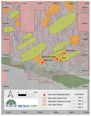 Figure 5. Map showing distribution of tonalitic domes and newly identified pegmatite prospective areas at Case Lake  property. (CNW Group/POWER METALS CORP)