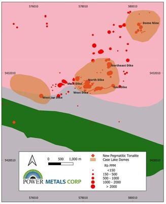 Figure 3 - Case Lake property map showing Rb (ppm) in samples collected between 2017-2022 and 2023. (CNW Group/POWER METALS CORP)
