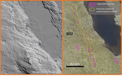 Inferred extent of the SD2 Pegmatite based on Lidar image, LDG Project, NWT (CNW Group/[nxtlink id=
