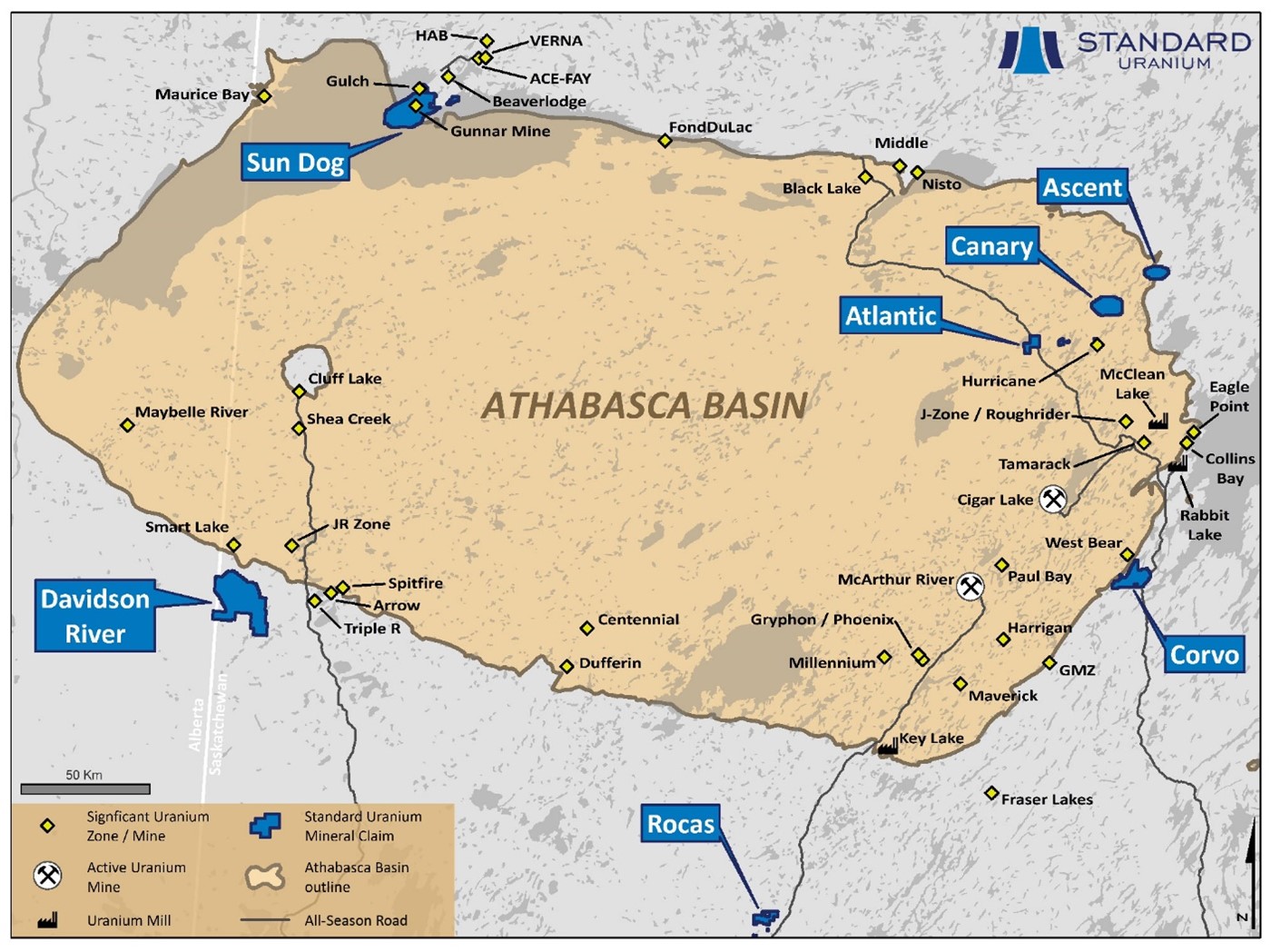 Overview map of the Athabasca Basin highlighting Standard Uranium’s seven exploration projects.