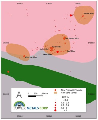 Figure 2 - Case Lake property map showing Li2O (%) in samples collected between 2017-2022 and 2023. (CNW Group/POWER METALS CORP)