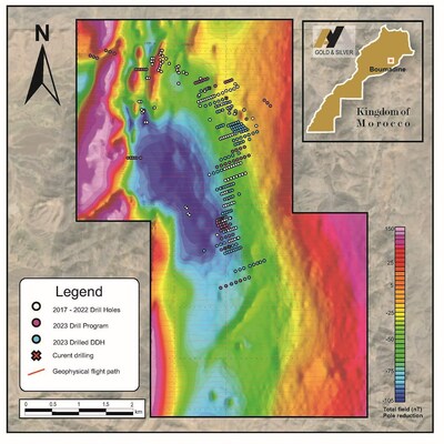 Figure 2 – Surface Plan of Boumadine Property with Magnetic Data (Residual Total Field) and 2023 Drill Holes (CNW Group/[nxtlink id=