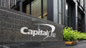 capital one (COF) logo outside of corporate building